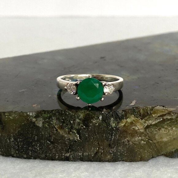 Sterling Silver 925 Round Prong Set Tourmaline & Crystal 3 Stone Ring Sz 6.5 - Picture 3 of 16